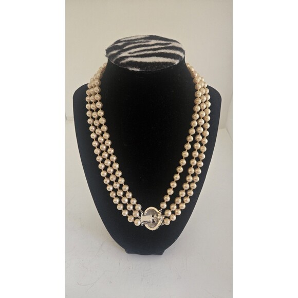 Vintage Marbella 3-Strand Glass Faux Pearl Necklace with Clear Rhinestone Clasp - Picture 6 of 12